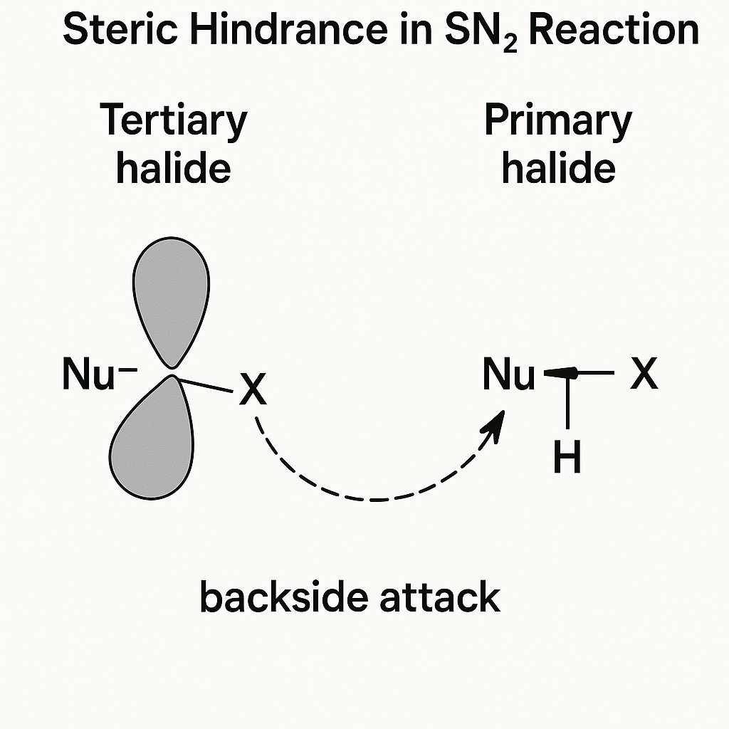Steric hindrance in SN2 reaction tertiary vs primary halide backside attack